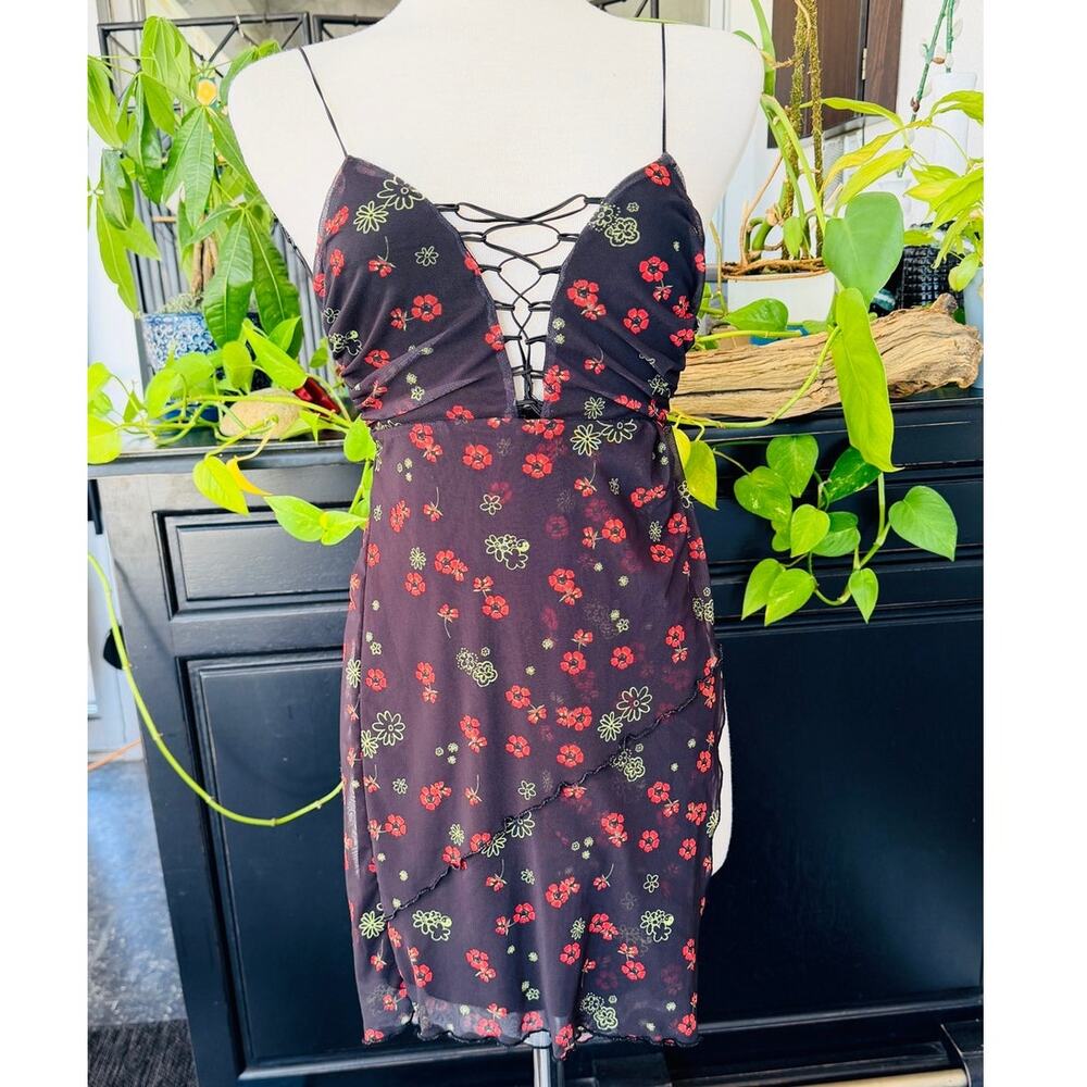 Urban Outfitters Floral Slip Dress XS Lace Up Back Strappy Mini Dress Y2K Boho